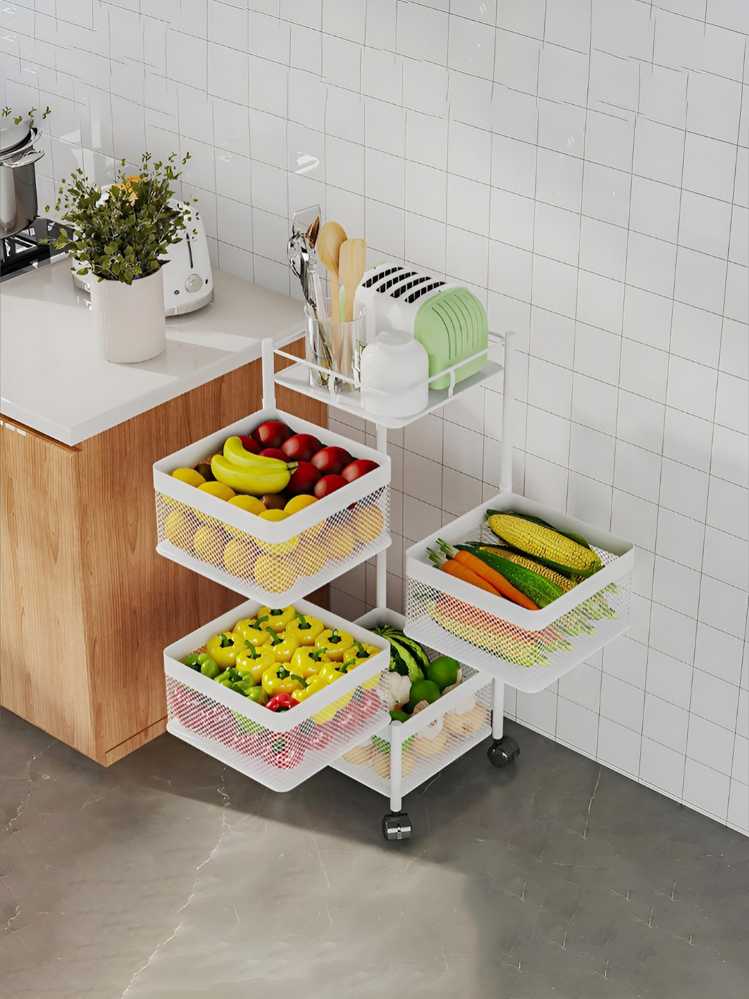 Aura White 4-Tier Square Multipurpose Storage Kitchen Trolley Storage Rack with Wheel