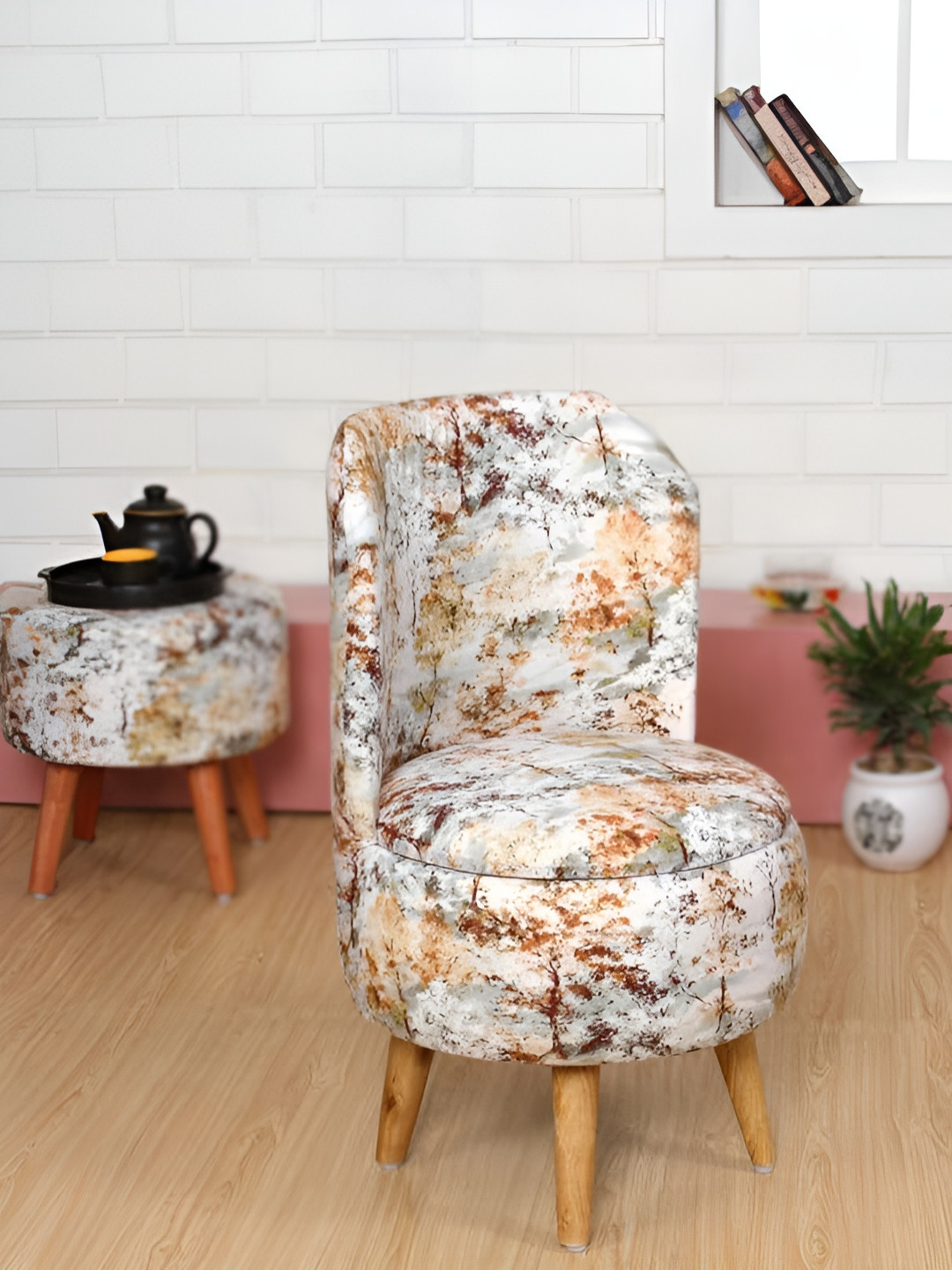 Shadowkart White & Brown Printed Wooden Pouffe Ottoman