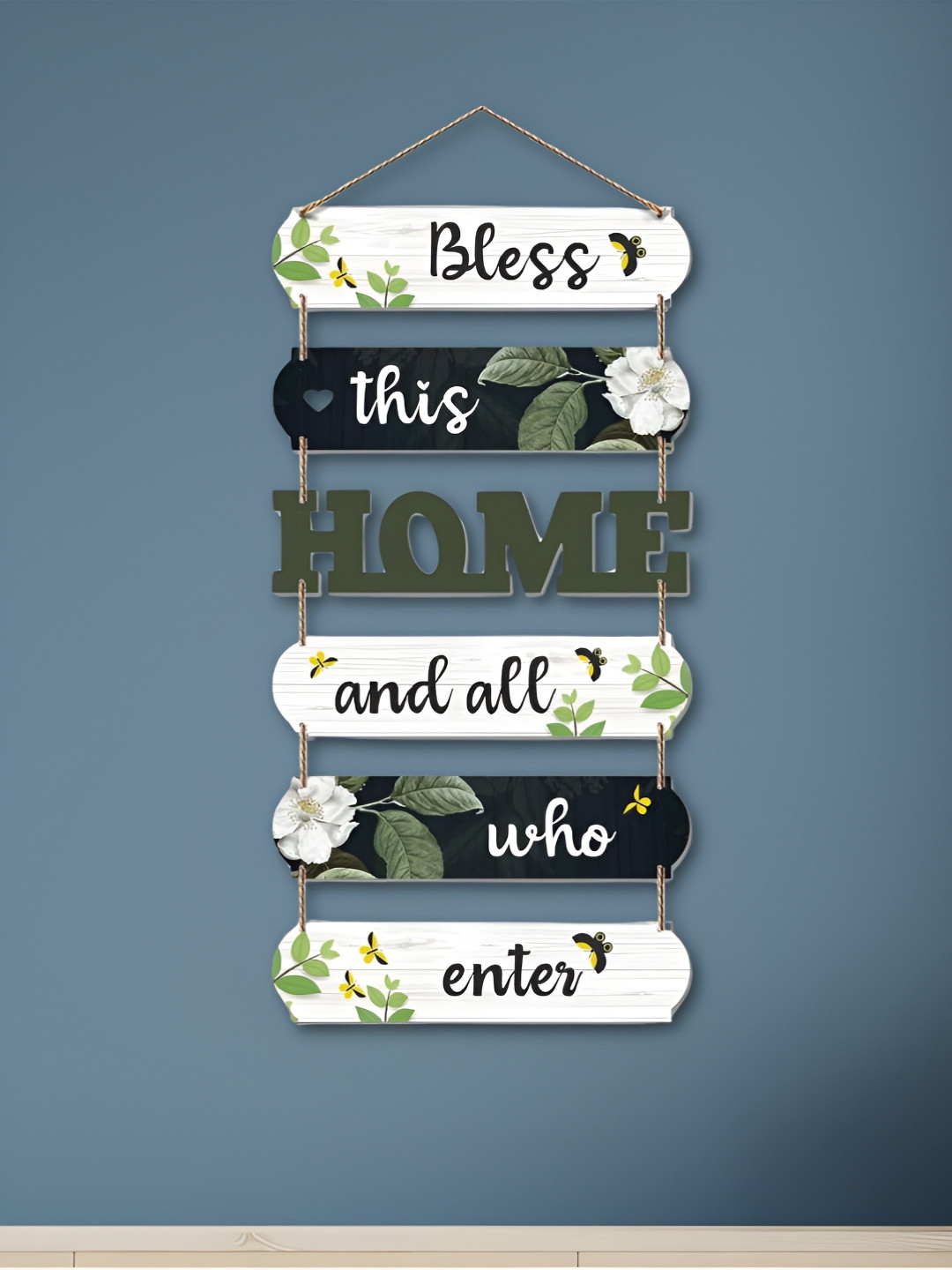 eCraftIndia Green & White Bless This Home And All Who Enter Printed Wooden Wall Hangings