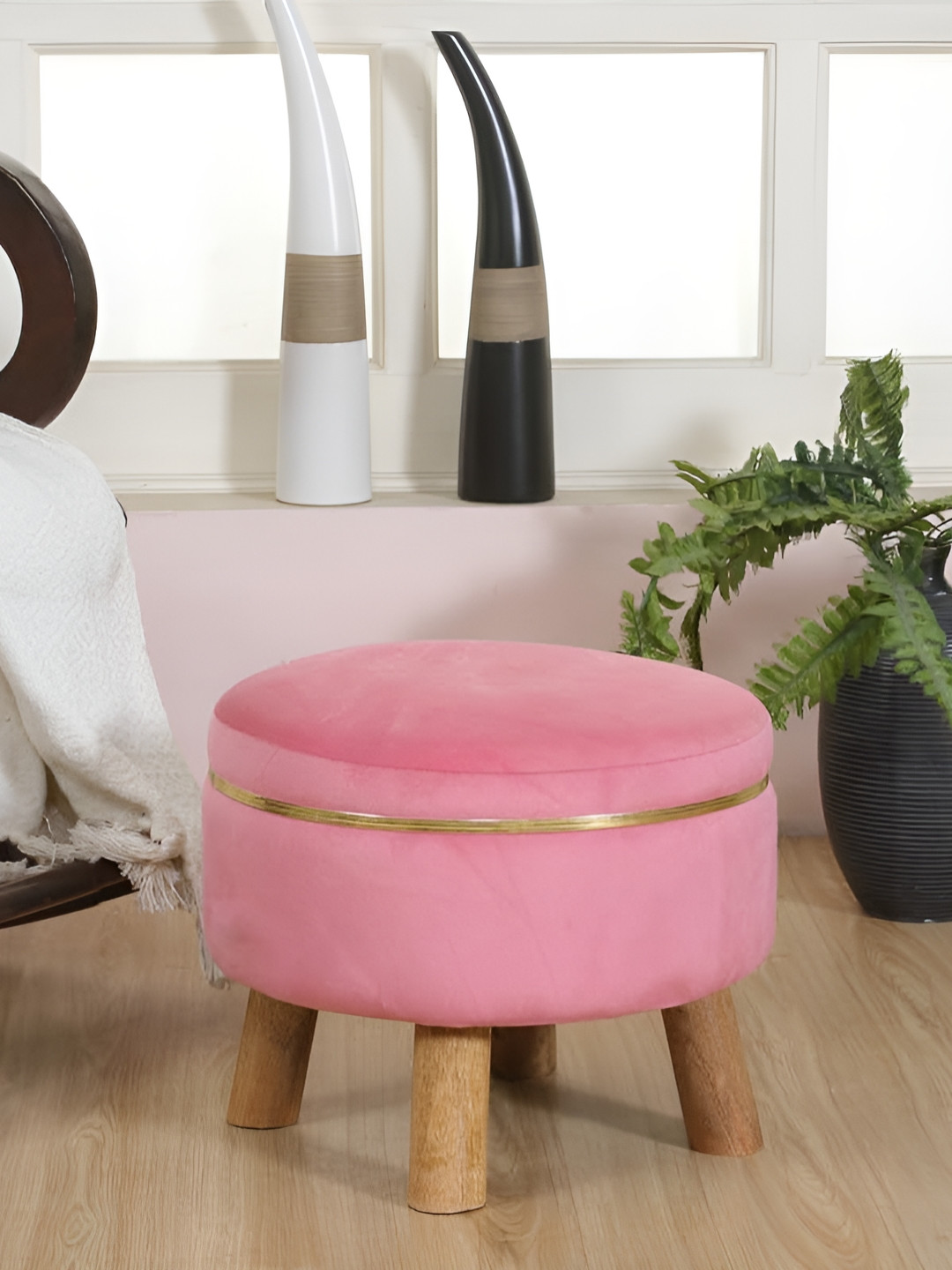 Shadowkart Pink Wooden Mudda Pouffe Ottoman