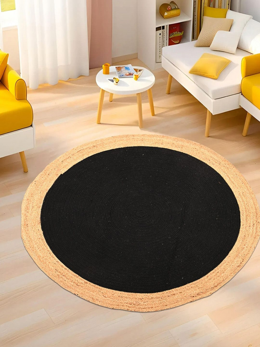 Aura Beige & Black Floral 4x4 Feet Round Jute Rug & Carpet for Home Bedroom
