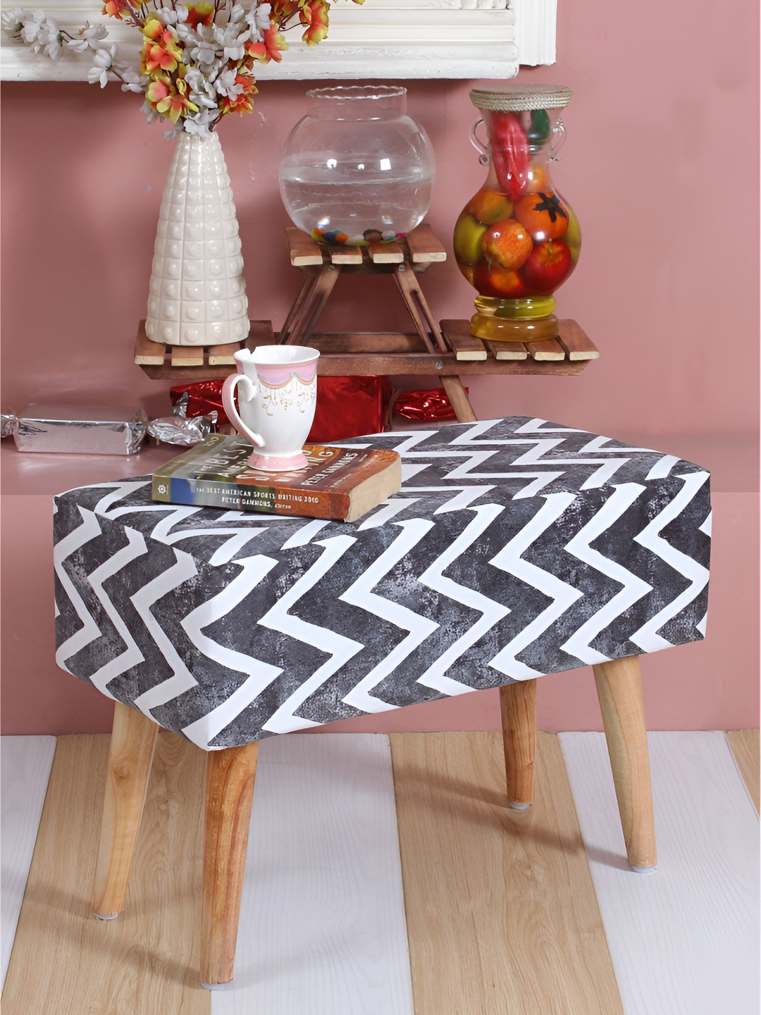 Shadowkart Black & White Printed Wooden Rectangle Shaped Ottomans