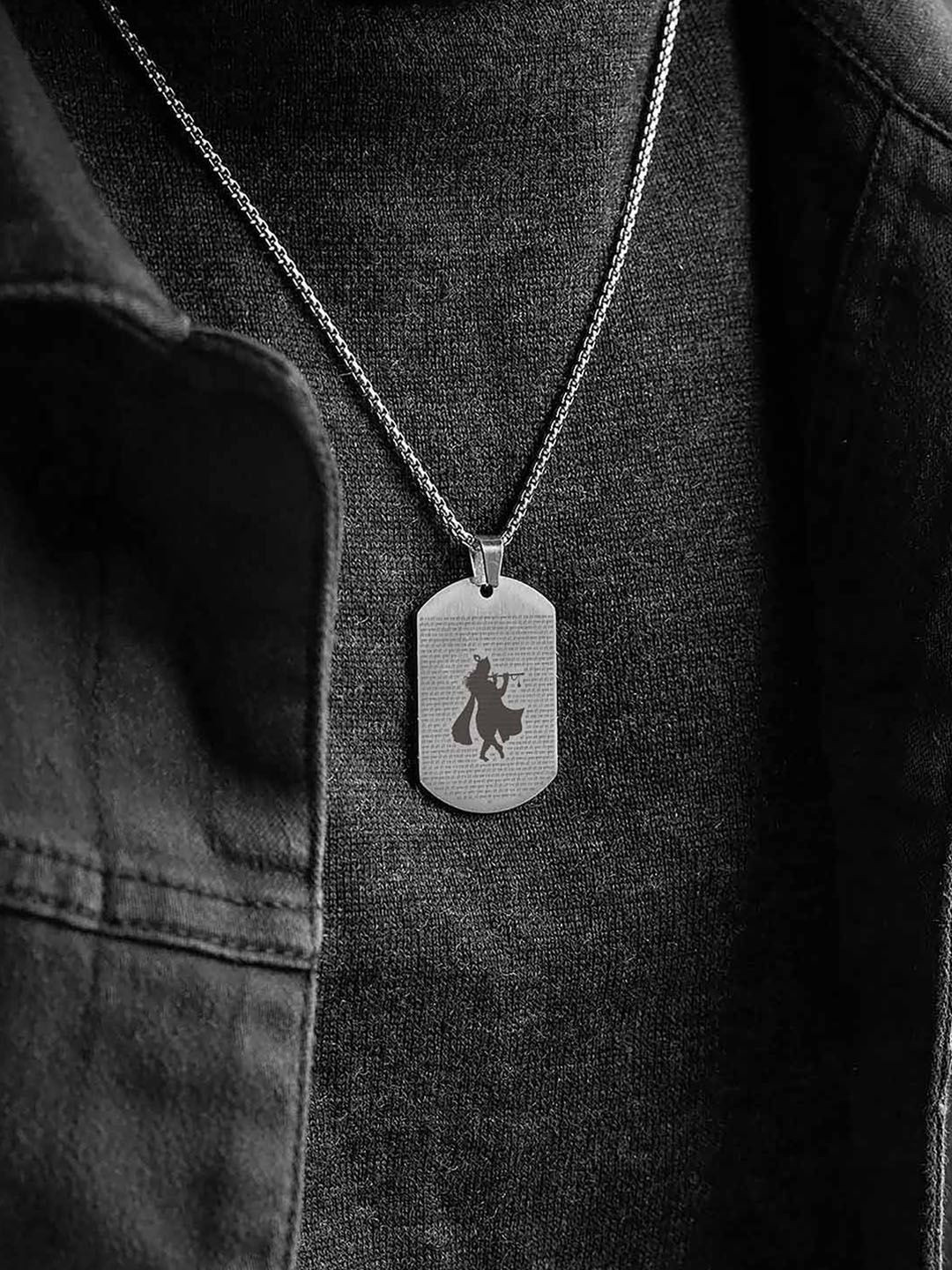 Mesmerize Men Hare Krishna Micro Carved Tag Pendant With Chain