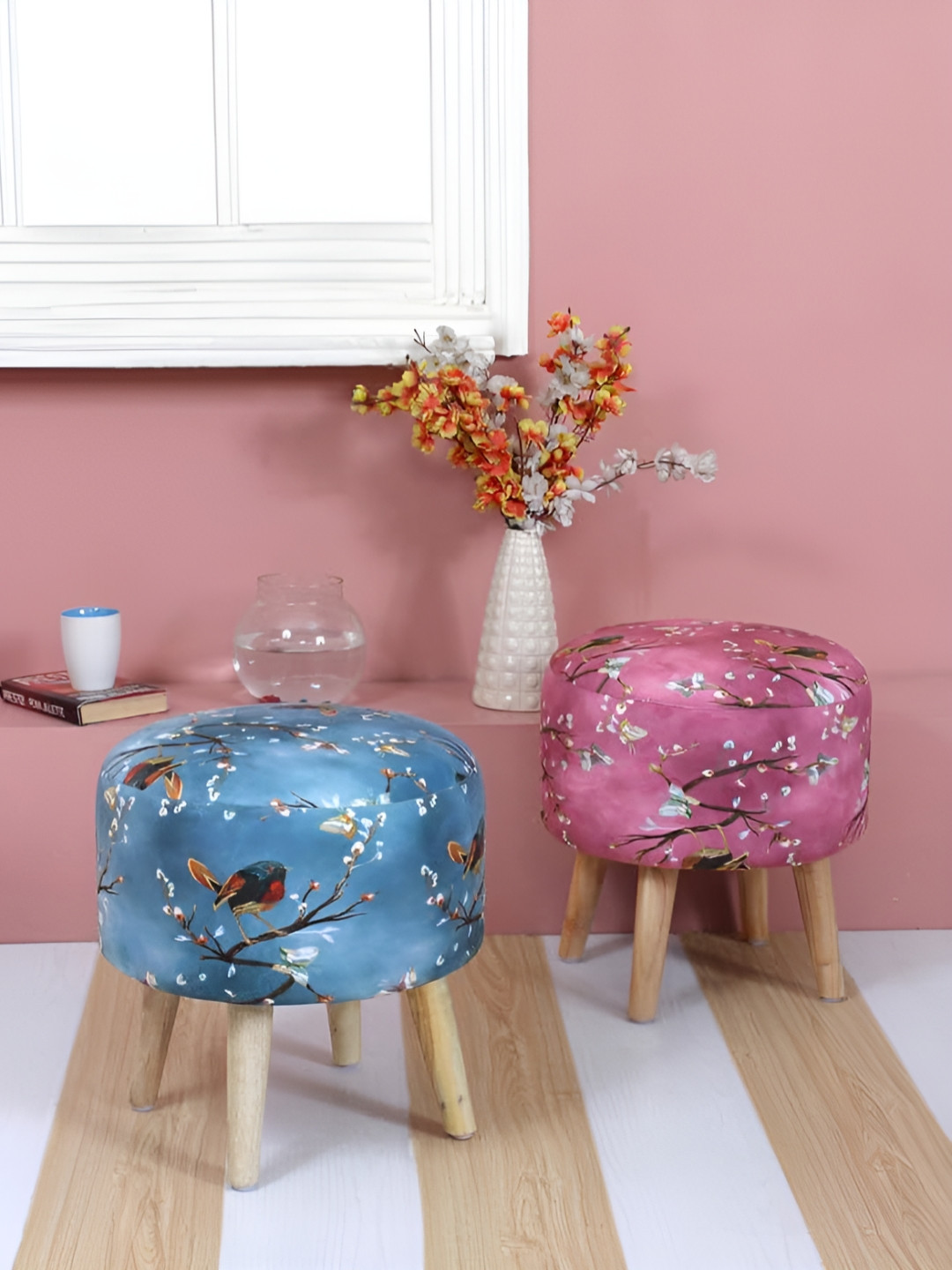 Shadowkart Set Of 2 Blue & Pink Printed Sitting Mudda Puffy Stool Dinning Chair Ottomans