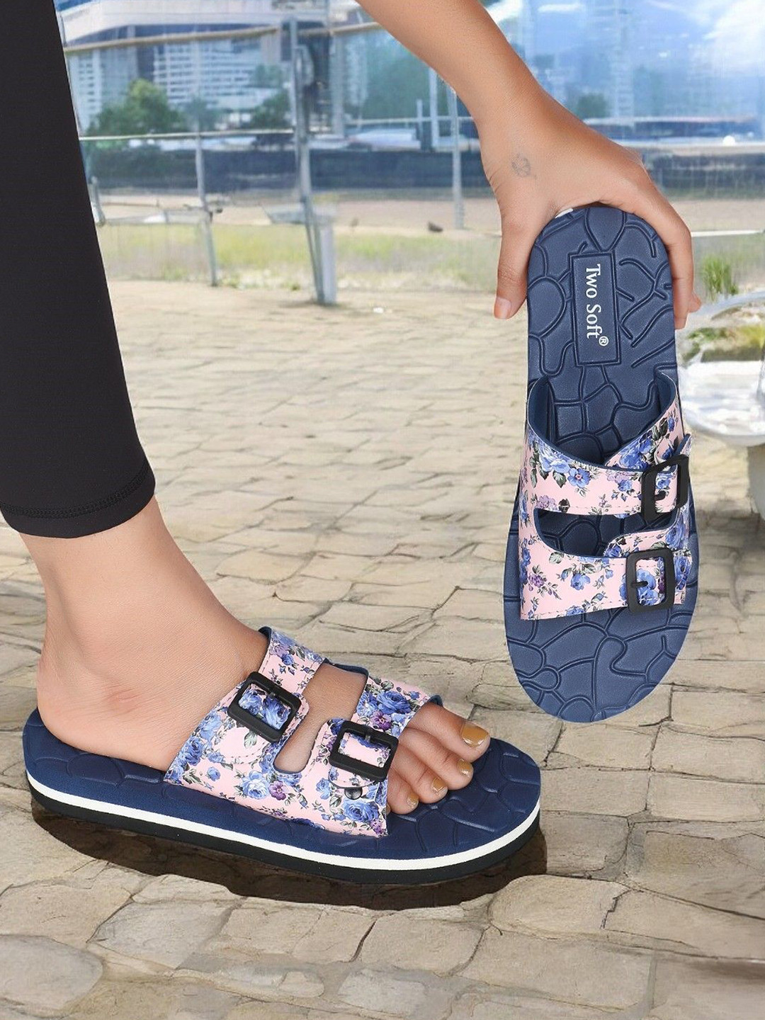 TWO SOFT Women Printed Sliders With Buckles Detail
