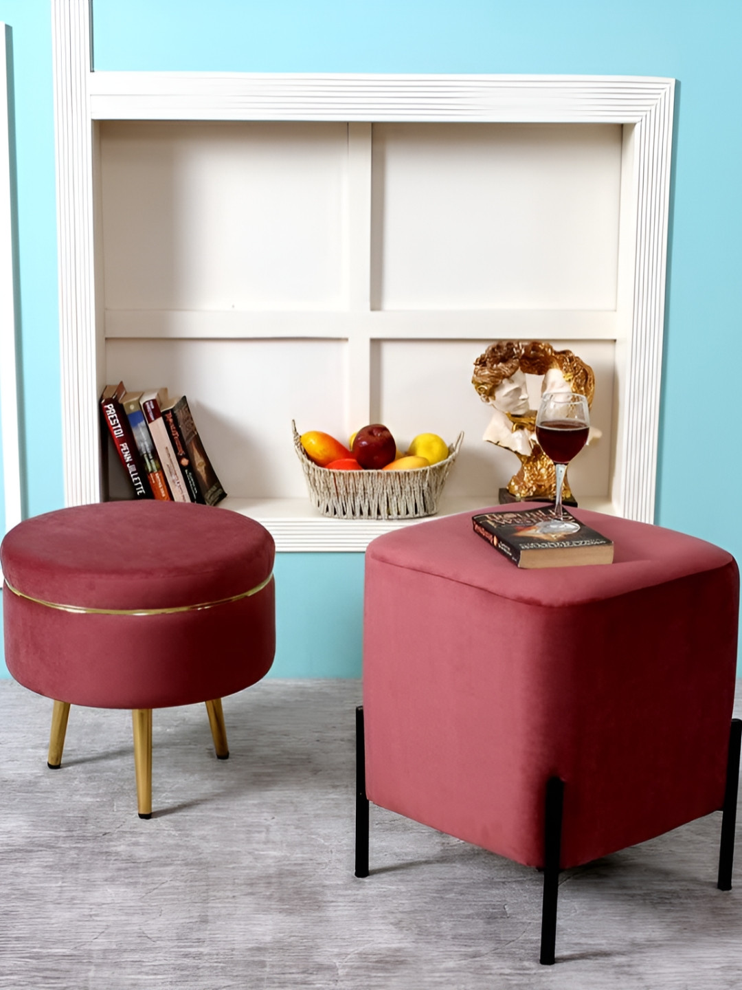 Shadowkart Maroon Wooden Mudda Pouffe Ottoman