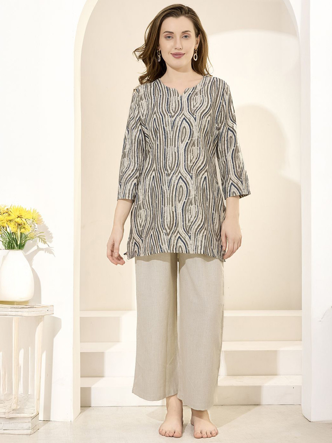 NIGHT FLOSS Printed 100% Cotton Tunic With Trousers Co-Ords
