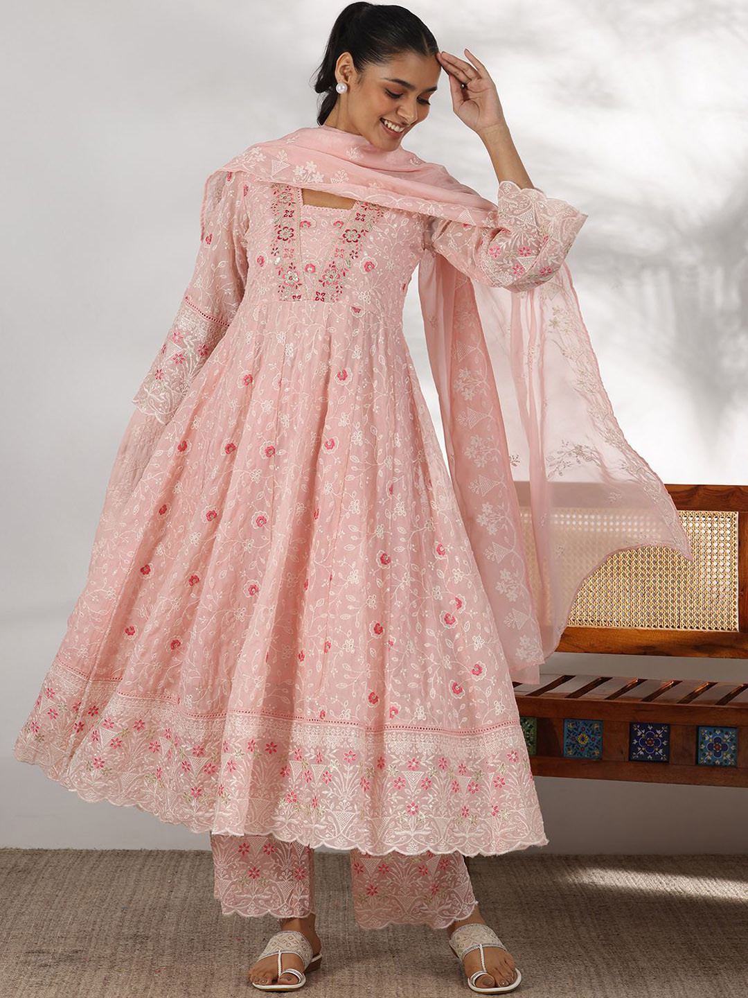 Libas Womens Pink Embroidered Organza Anarkali Kurta With Palazzos & Dupatta