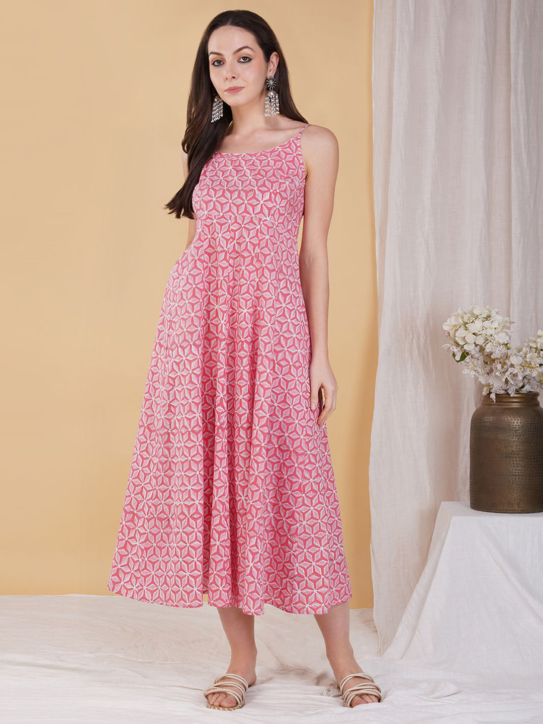 AKISO Women Hand Block Printed Midi Straight A-Line Dress with Short Sleeve and Side Slits