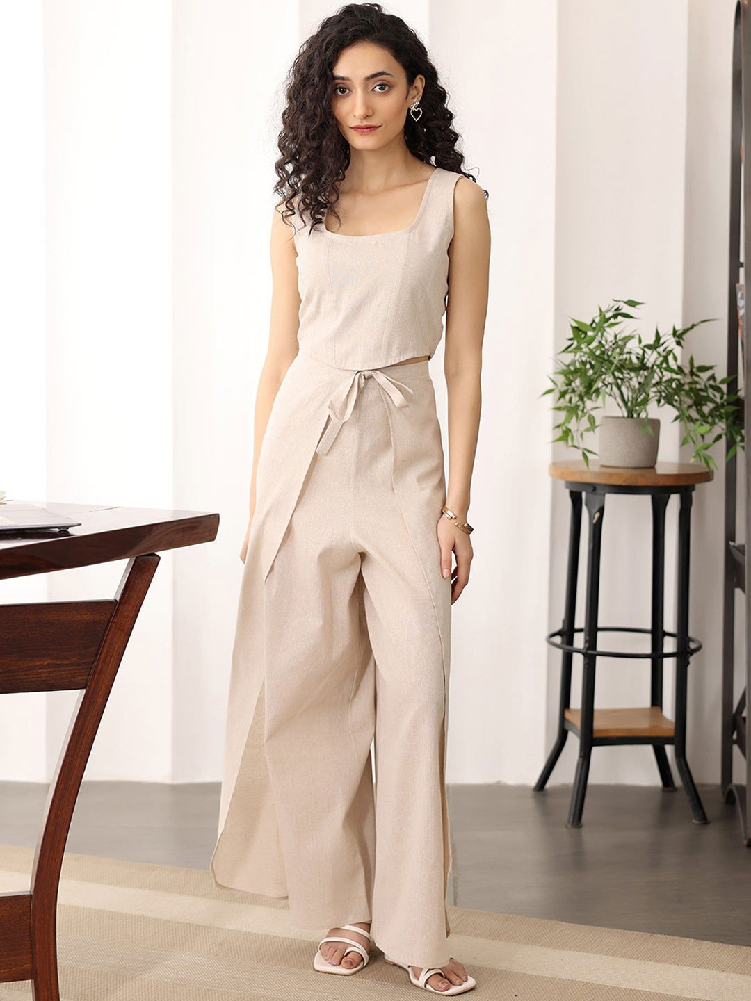 Ambraee White Square Neck Sleeveless Crop Top & Palazzo Set Co-Ord