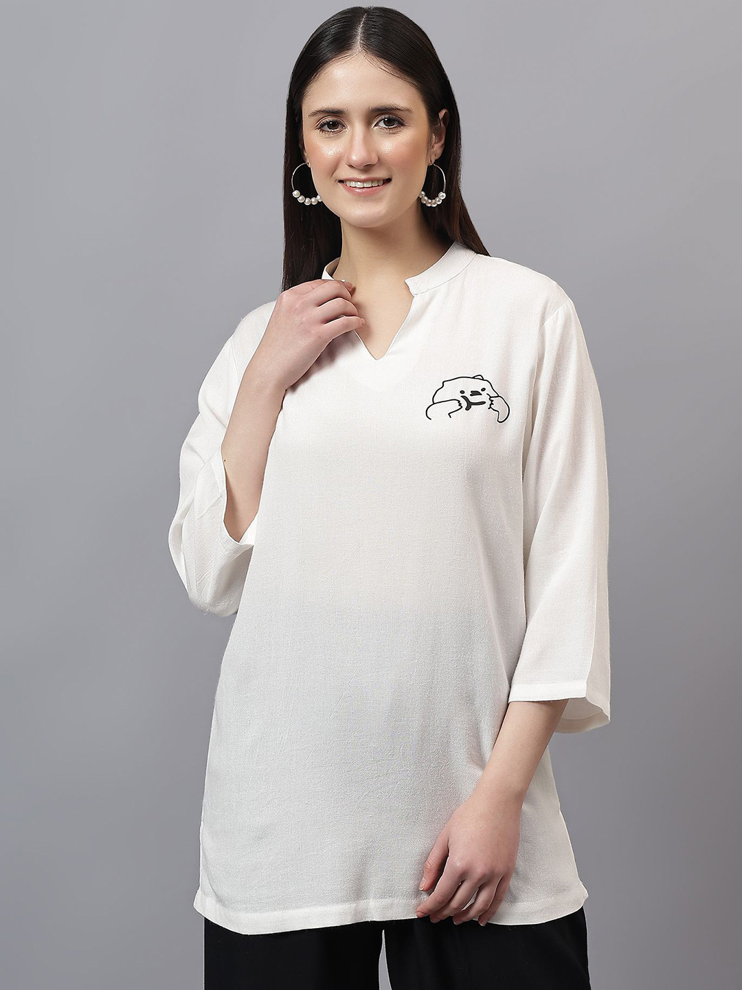 SAAKAA Women Solid Mandarine Collar Cotton Top