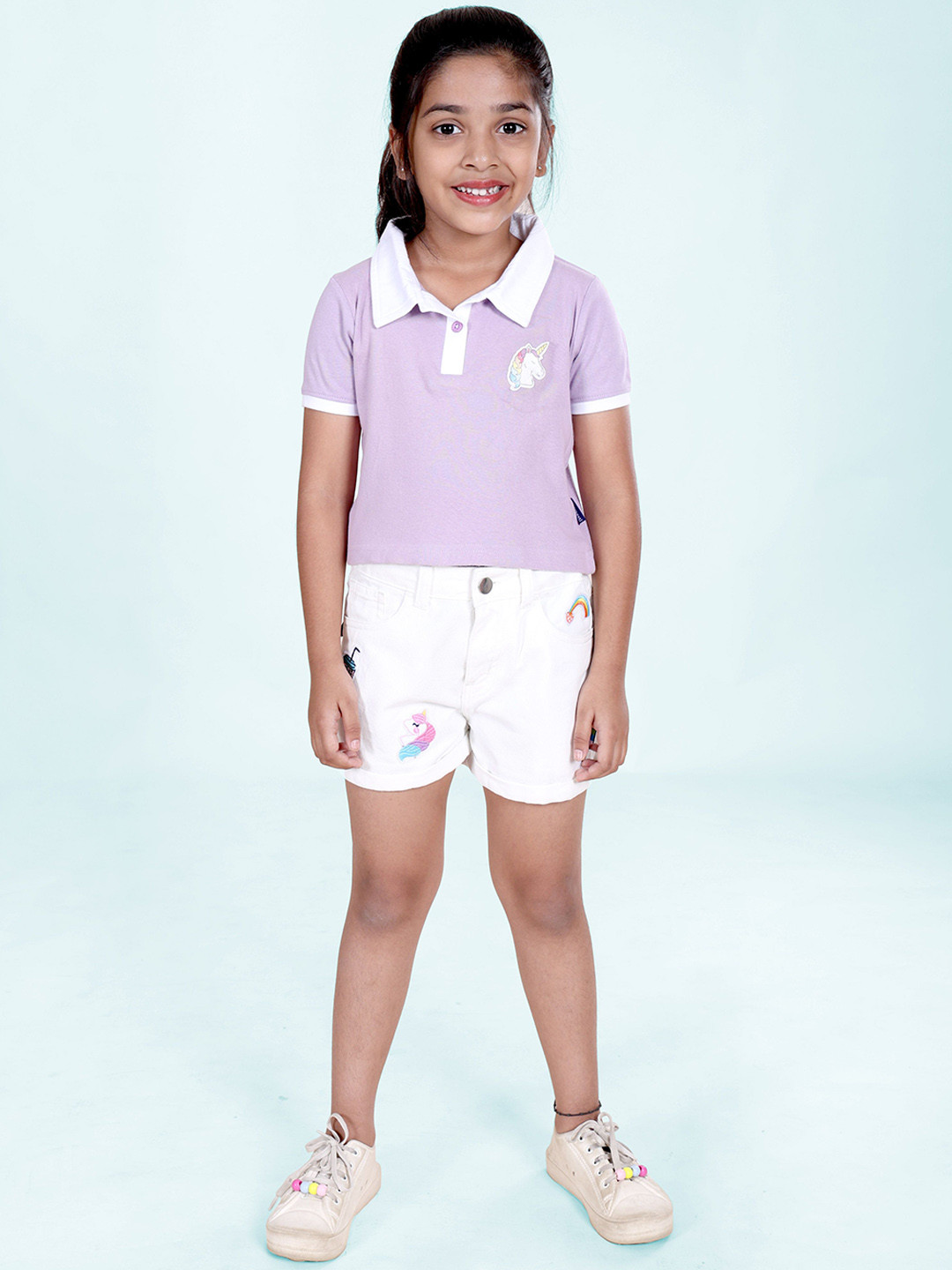 KiddoPanti Girls Unicorn Applique Polo T-Shirt With Shorts Clothing Set