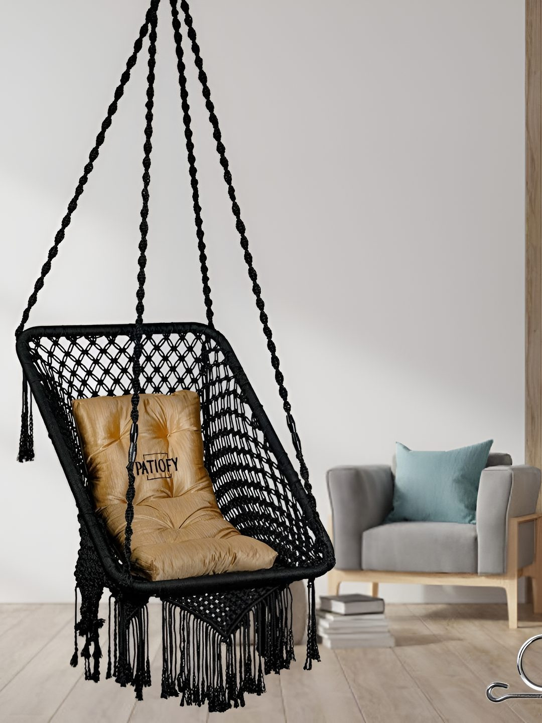 Patiofy Black & Beige Patiofy Premium Square Swing Chair With Cushion