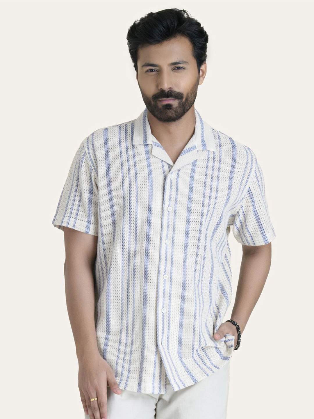 PERCH Men Relaxed Sheer Striped Casual Shirt