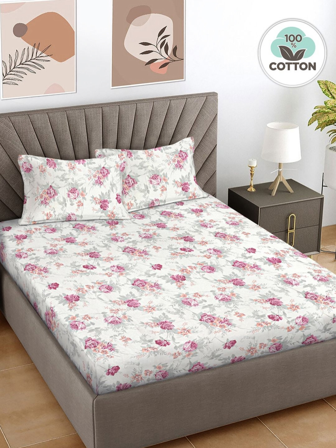Myntra Elegant Homes Monarch Collection White Floral Cotton Breathable 300 TC King Fine Bedsheet with 2 Pillow Covers-250 x 225 cm