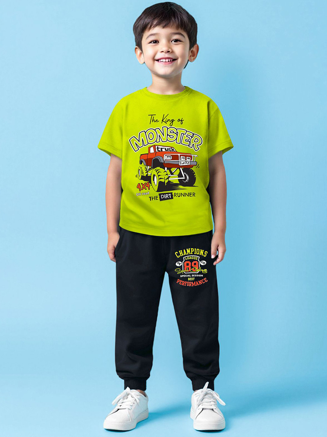 YK X Trampoline Boys Round Neck Printed T-shirt With Joggers