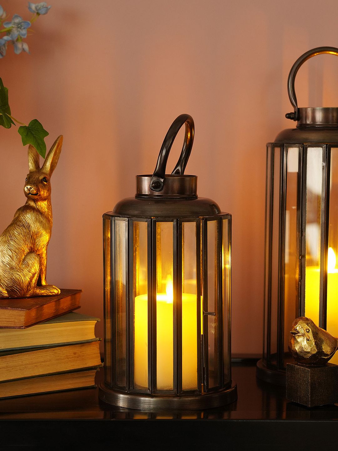 Pure Home and Living Brown & Transparent Metal Lantern Shaped Candle Holder