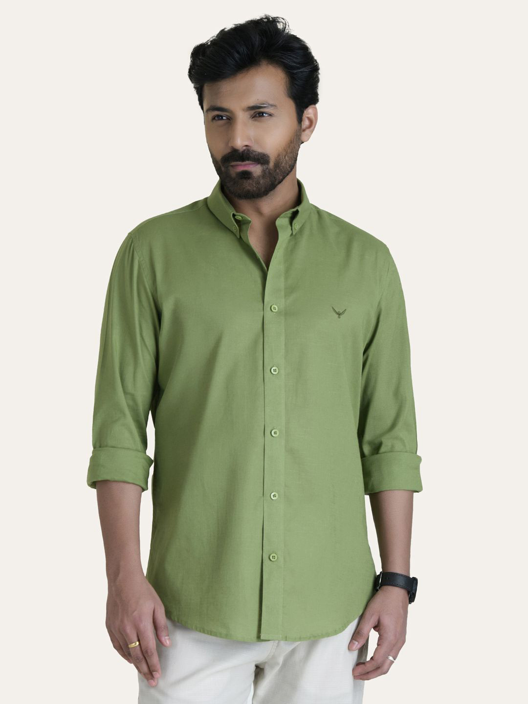 PERCH Parrot Linen Cotton Long Sleeves Slim Fit Shirt