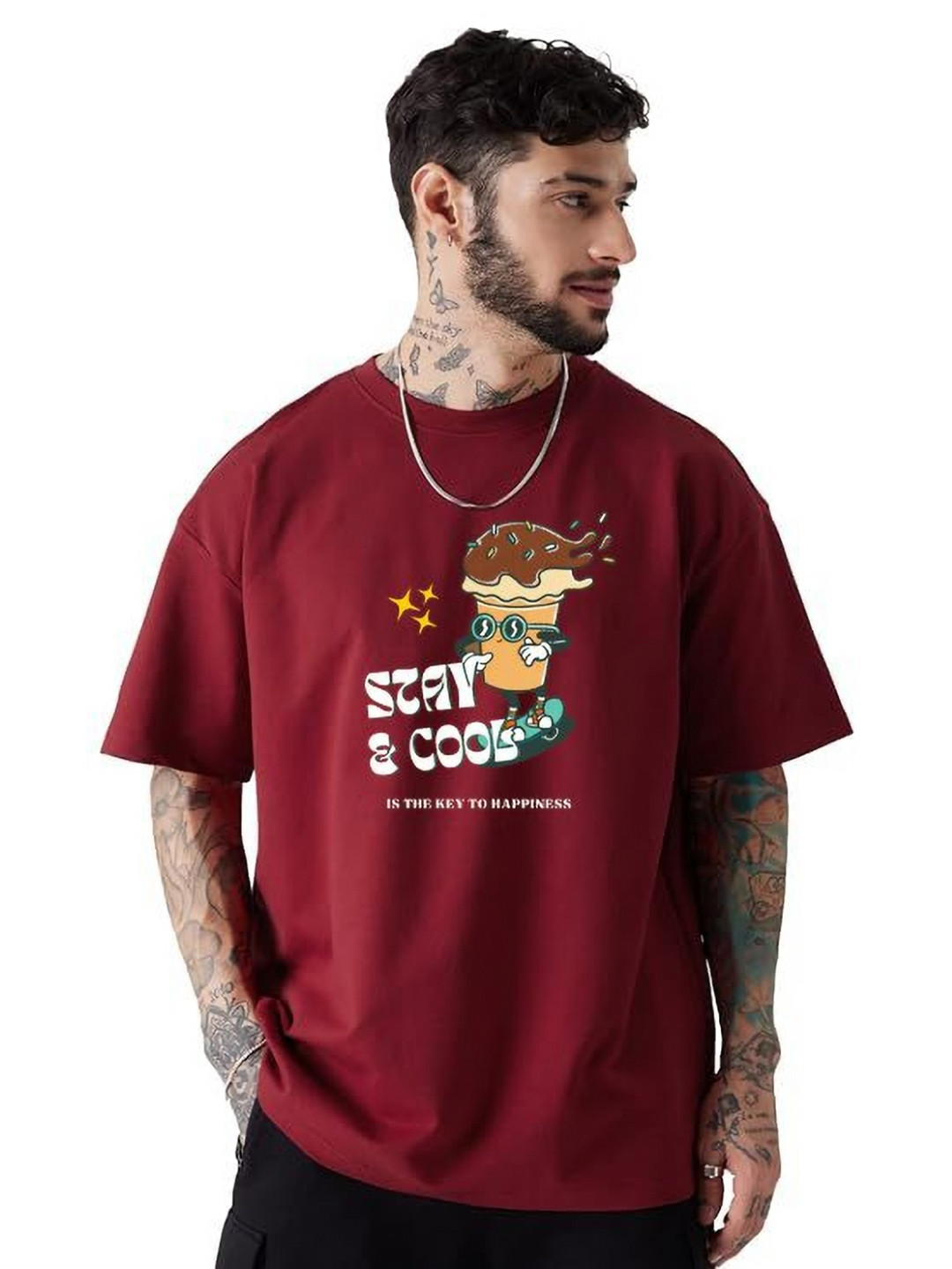 f Gallery Typography Printed Round Neck Drop-Shoulder Sleeves Oversized T-shirt