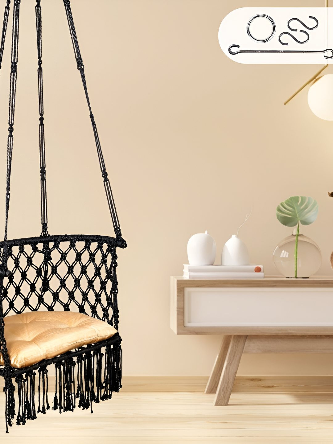 Patiofy Black & Beige Patiofy Premium C Shape Swing Chair With Cushion