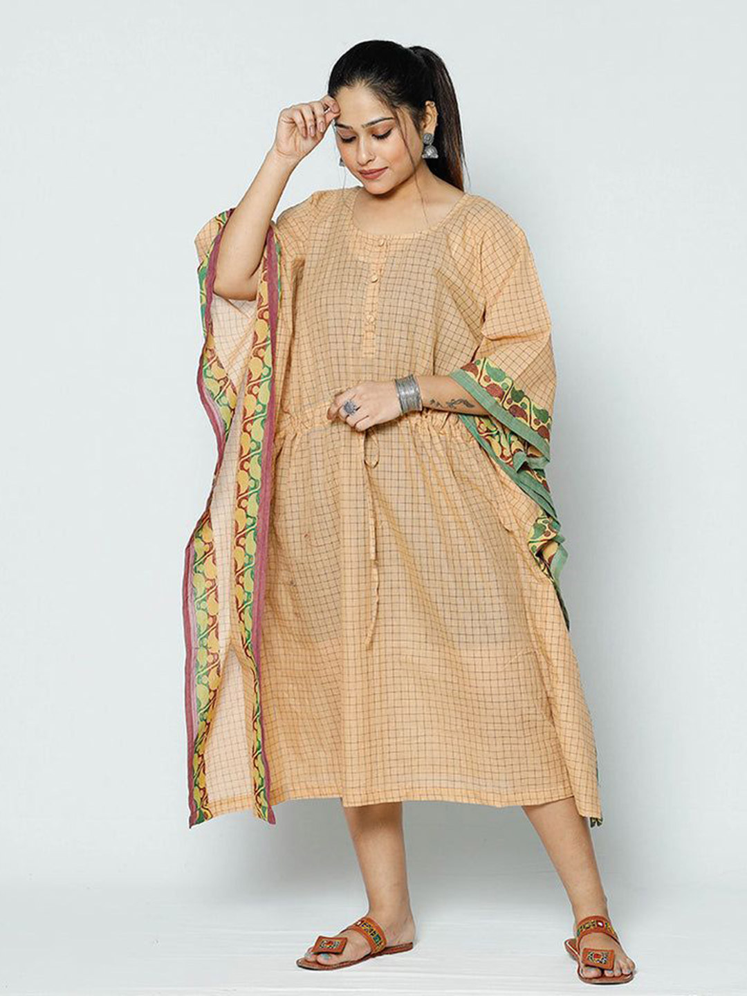 iTokri Checked Kaftan Midi Dress