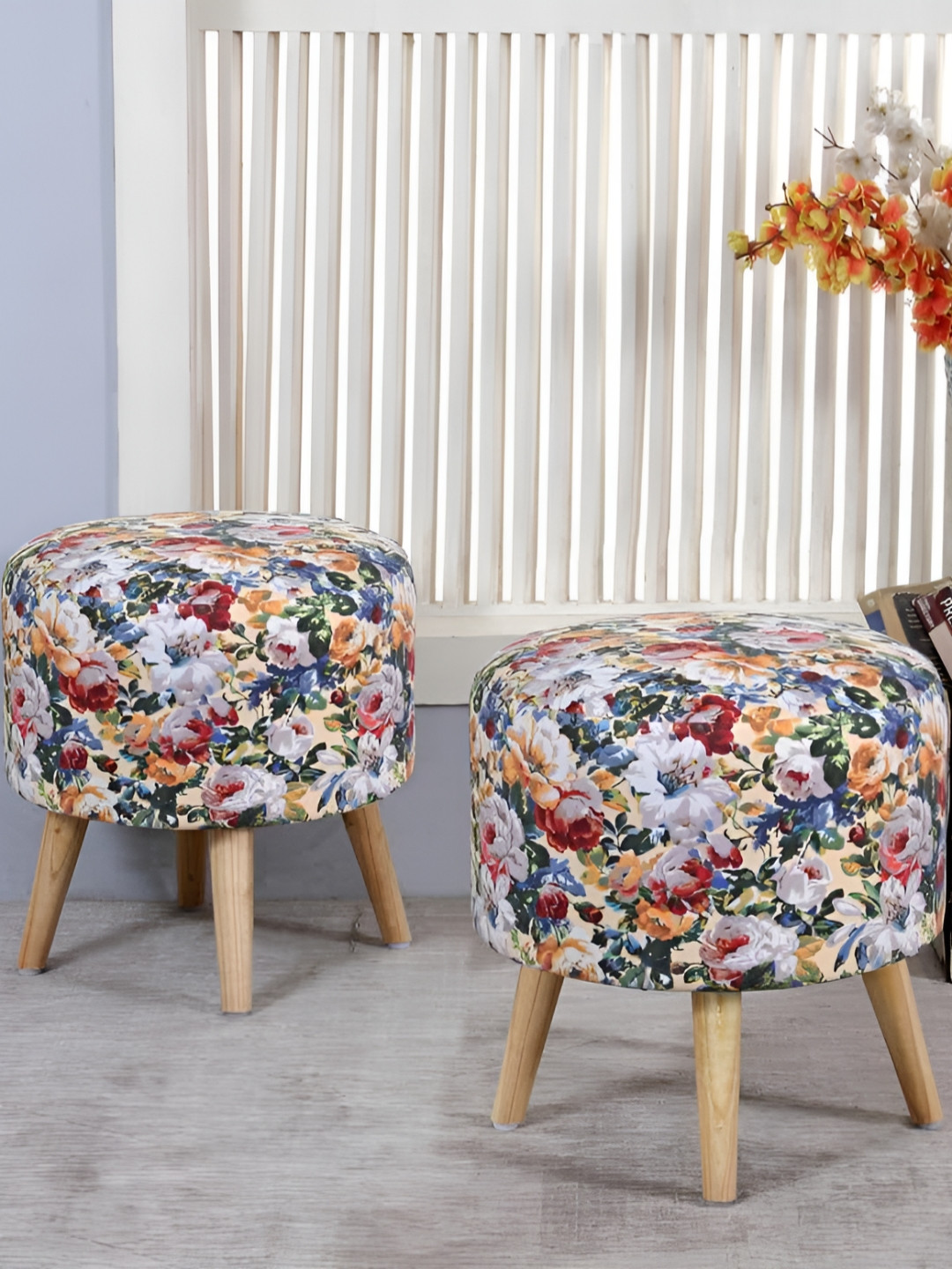 Shadowkart Set Of 2 Blue & Red Floral Printed Wooden Round Shaped Ottomans