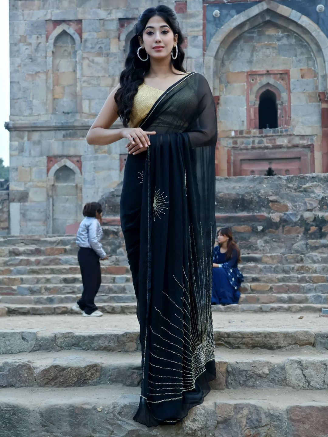 House of Chiffon Black Cutdana Handwork chiffon saree