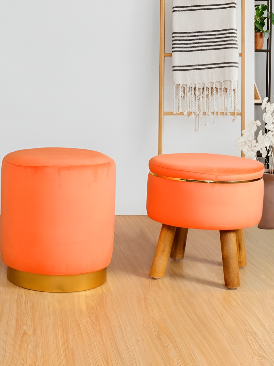 Shadowkart Set Of 2 Peach-Coloured & Yellow Wooden Velvet Ottomans