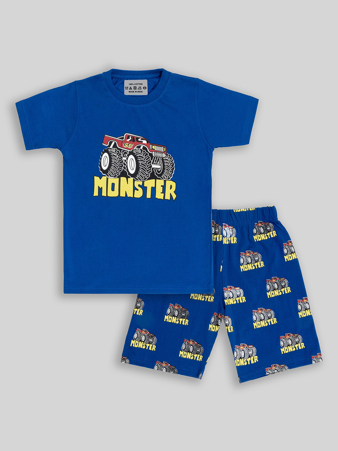 UNICORNS Kids Monster Truck Printed Pure Cotton Round Neck T-shirt with Shorts Night Suit