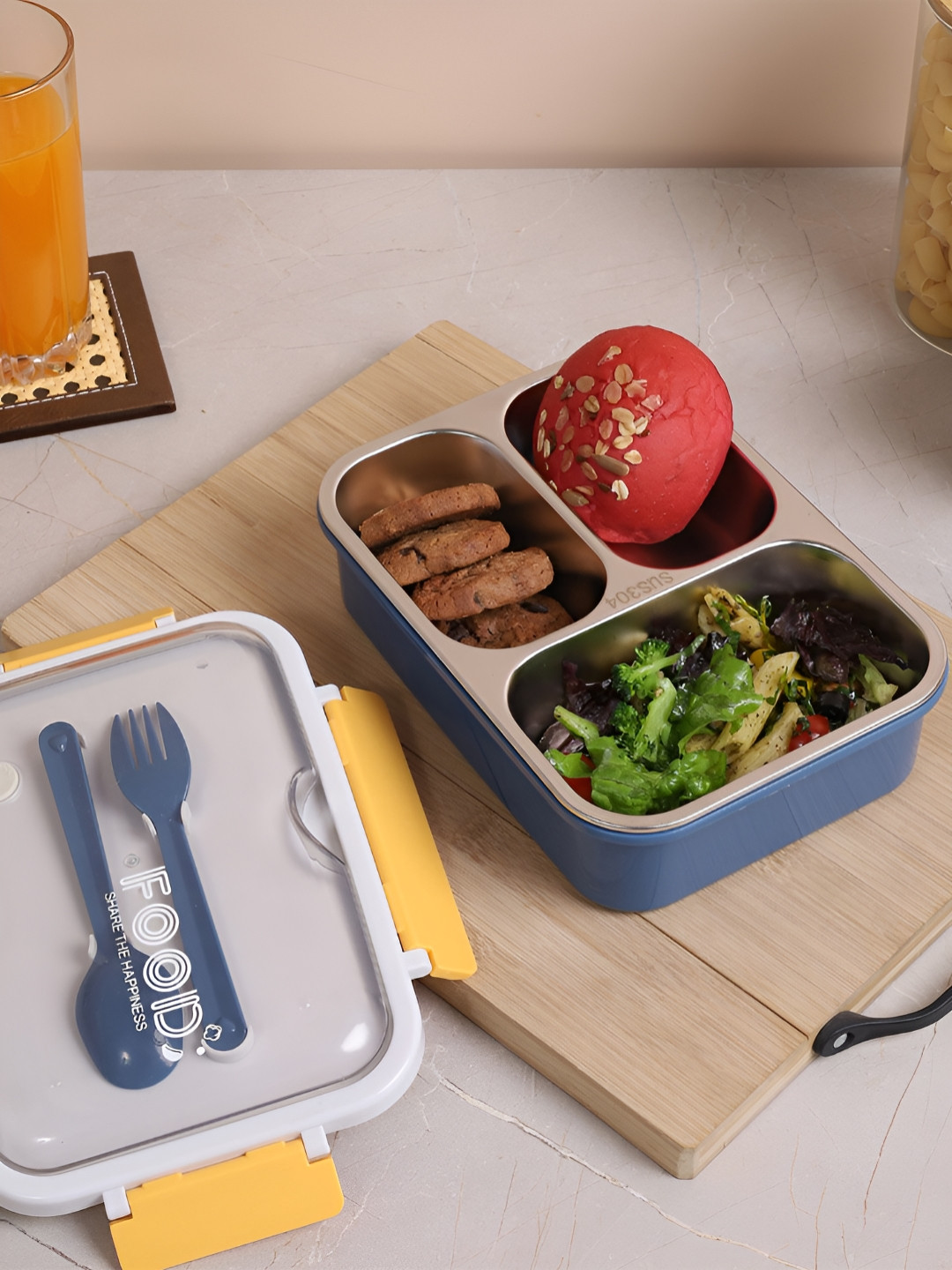 HOME 360 Blue Solid Plastic Airtight 3PCs Lunch Box With Spoon and Fork