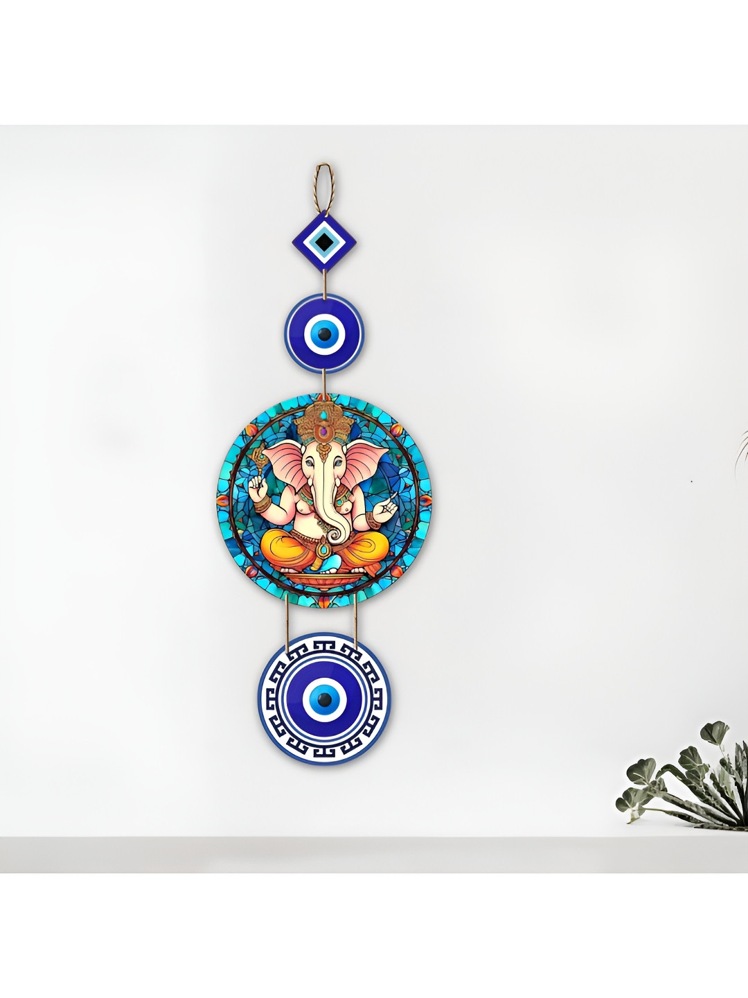eCraftIndia Blue & Yellow Lord Ganesha Evil Eye Printed Wooden Wall Hangings