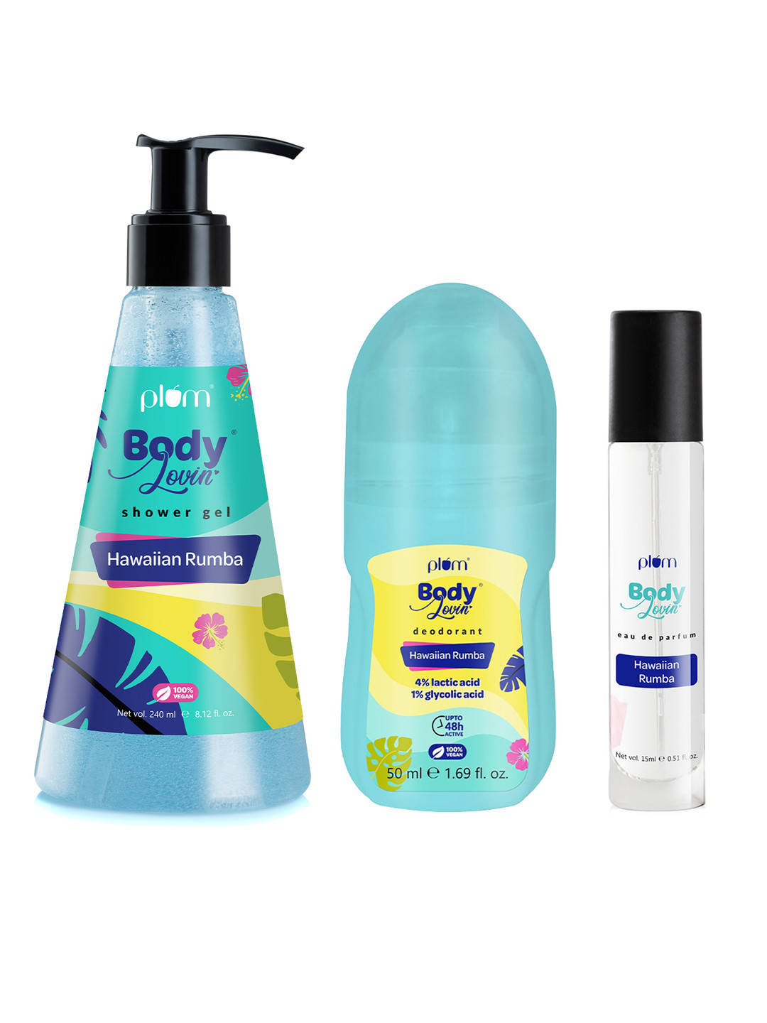Plum Set Of BodyLovin' Hawaiian Rumba Eau De Parfum, Deodorant Roll On & Shower Gel
