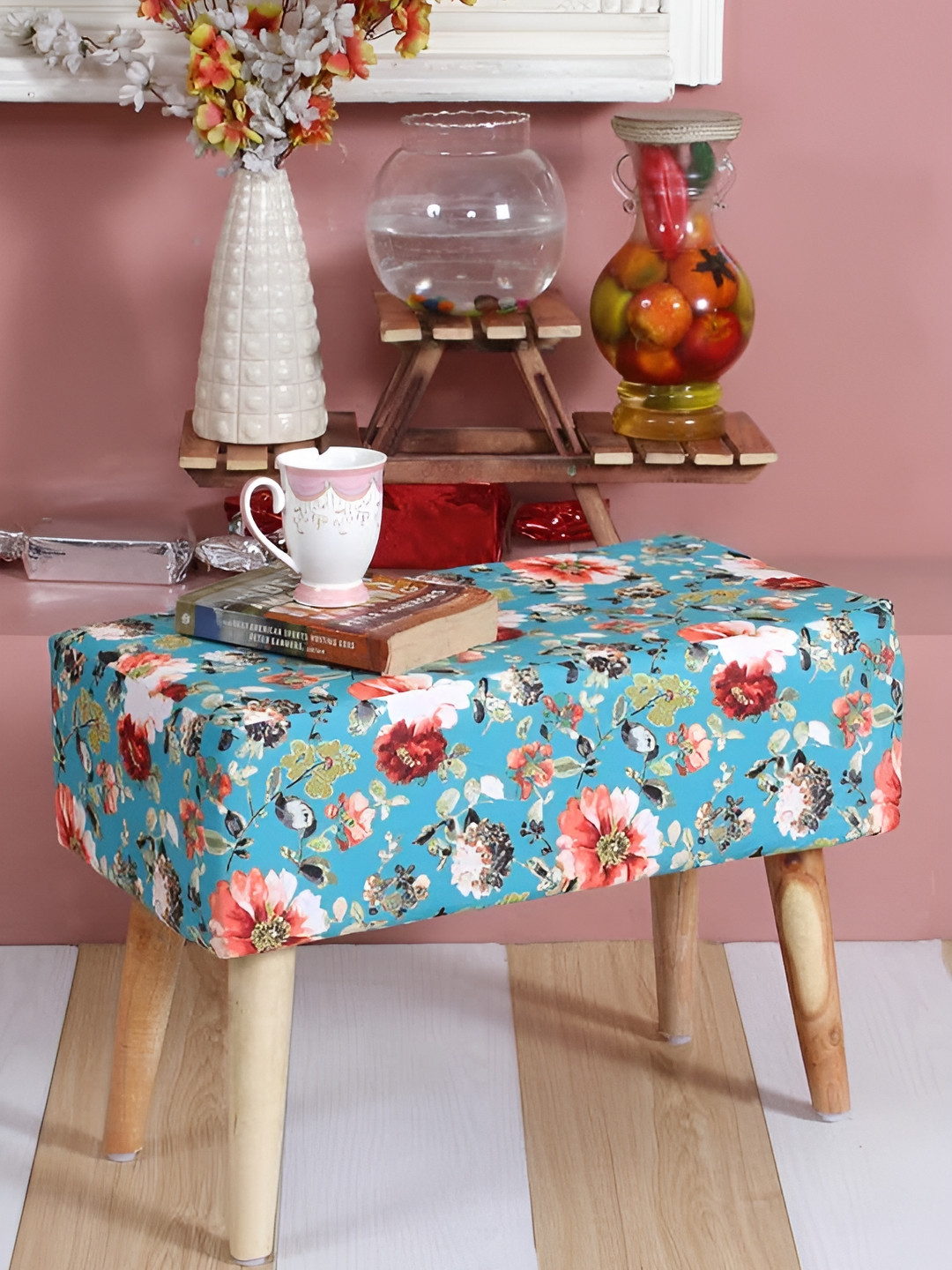 Shadowkart Maroon Wooden Mudda Pouffe Ottoman