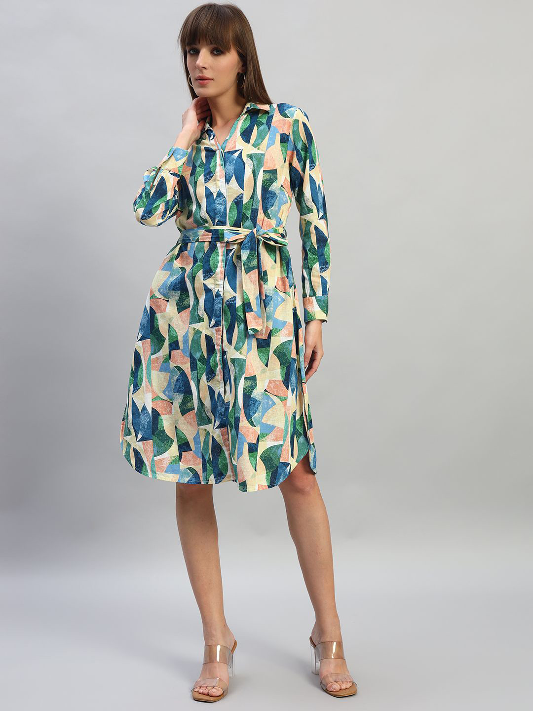 Cantabil Tropical Printed V-Neck Shirt Dress Comes With a Belt