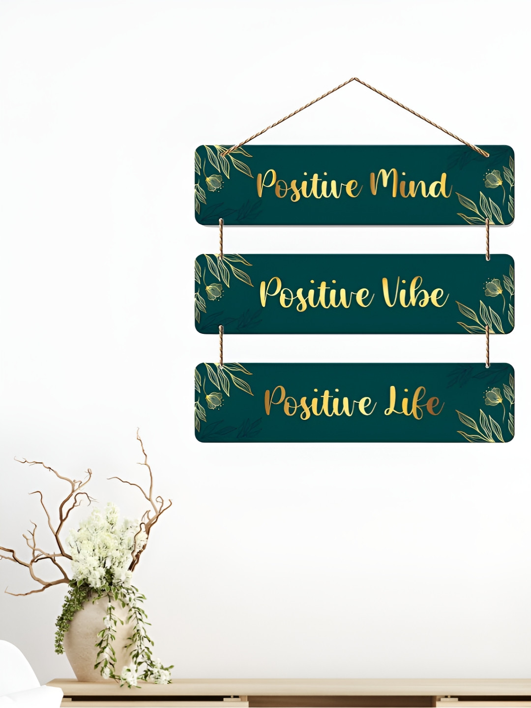 eCraftIndia Green & Beige Positive Quotes Printed Wooden Wall Hangings