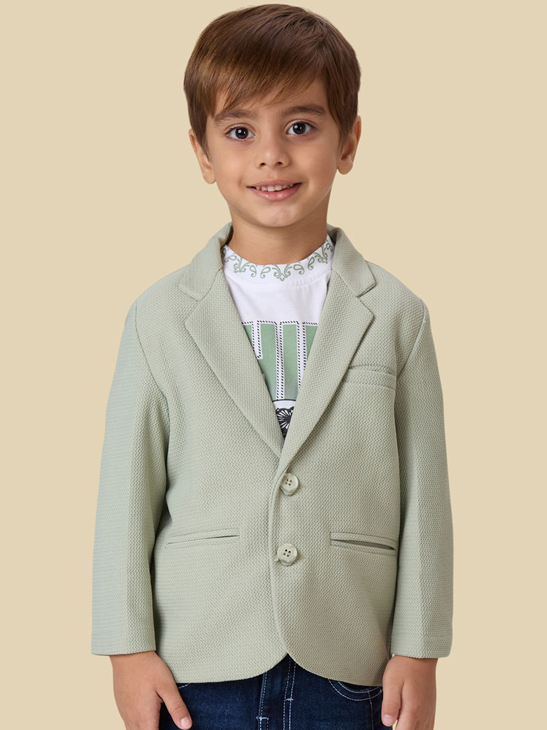 YK Boys Textured Single-Breasted Full Sleeves Blazer With Graphic Printed T-Shirt