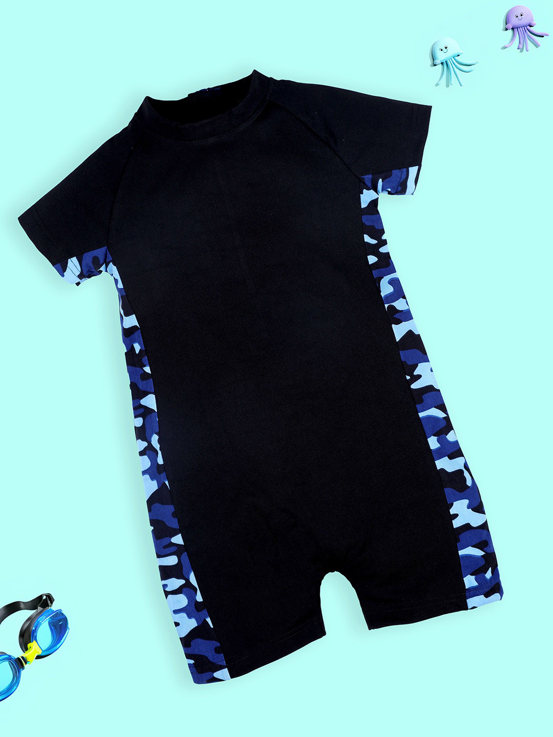 KiddoPanti Kids Printed Half Sleeve Mid Thigh Length Cut & Sew Swim Legsuit