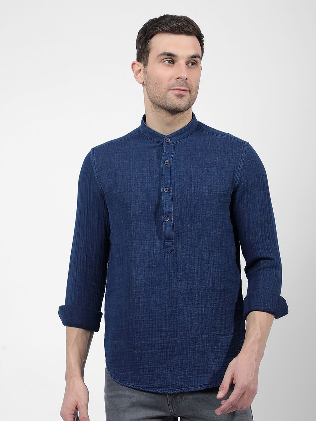 Numero Uno Men Slim Fit Band Collar Opaque Casual Shirt