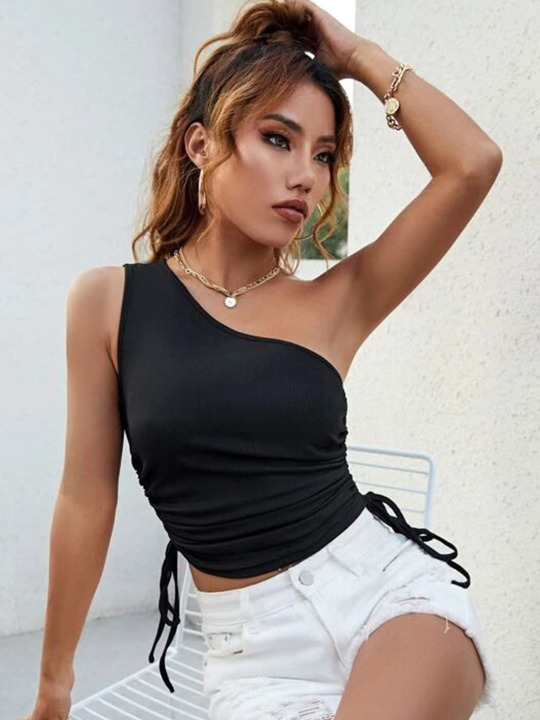 SXV STYLE Women One Shoulder Fitted Ruched Crop Top