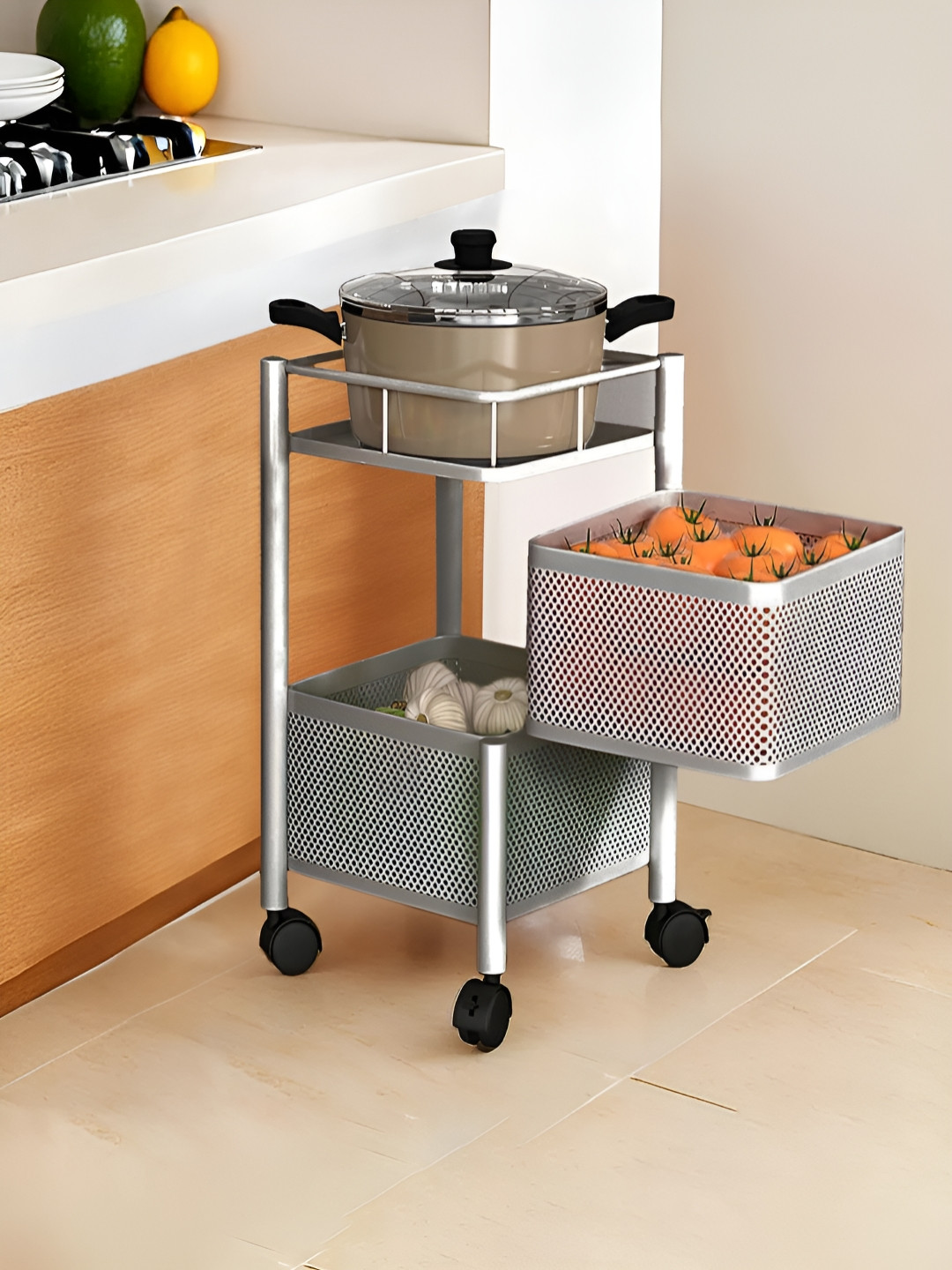 Aura Silver-Toned 2-Tier Square Multipurpose Storage Rack Kitchen Trolley with Wheels