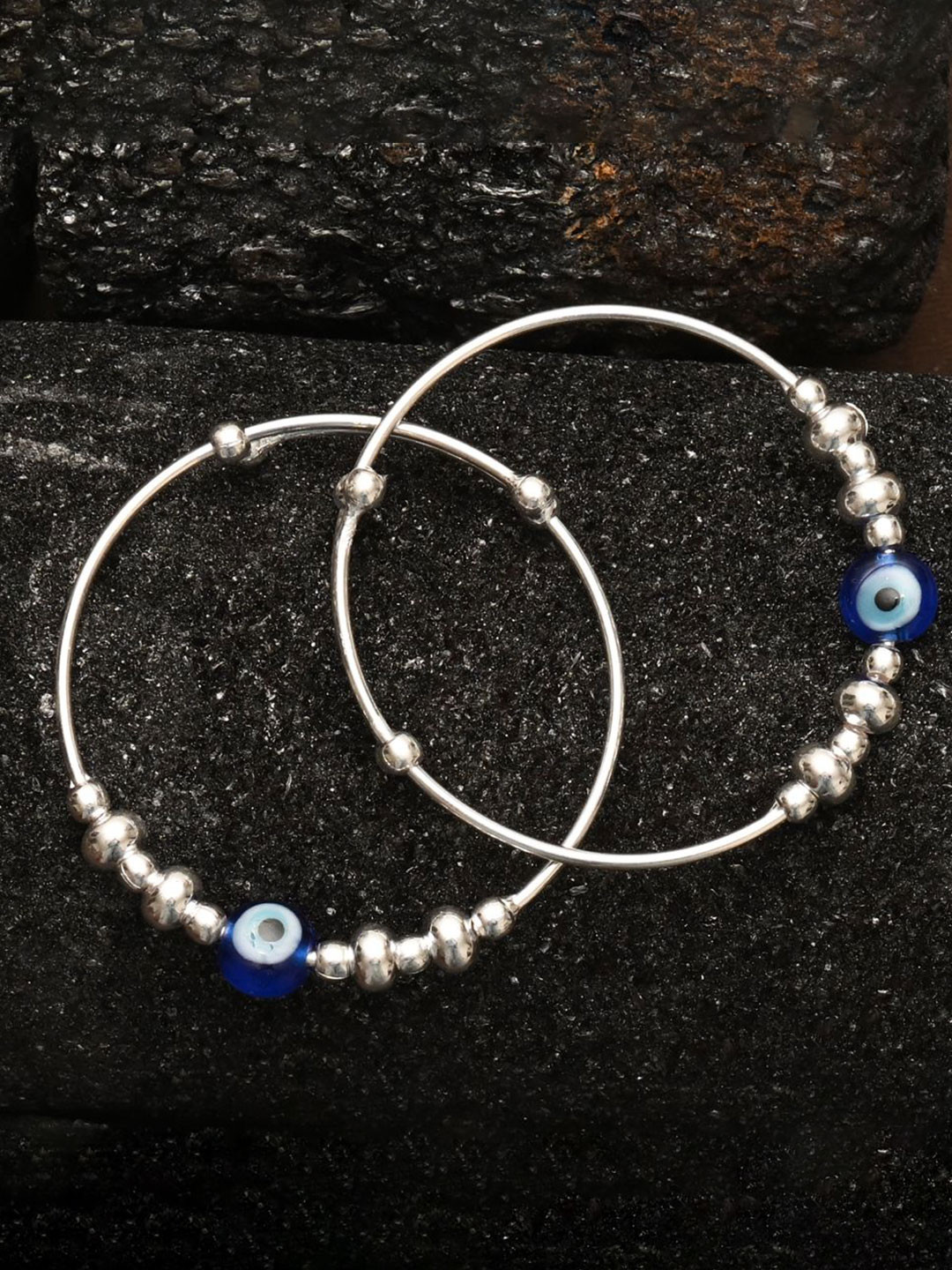 925 SILLER Kids Set Of 2 925 Sterling Silver Rhodium-Plated Evil Eye Bangle Style Bracelet
