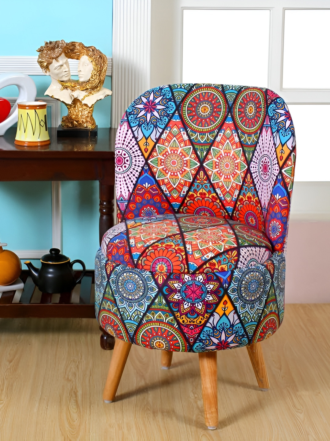 Shadowkart Blue & Red Wooden Mudda Pouffe Ottoman