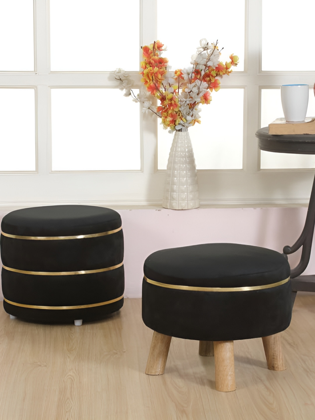 Shadowkart Set Of 2 Black Pouffe Ottomans