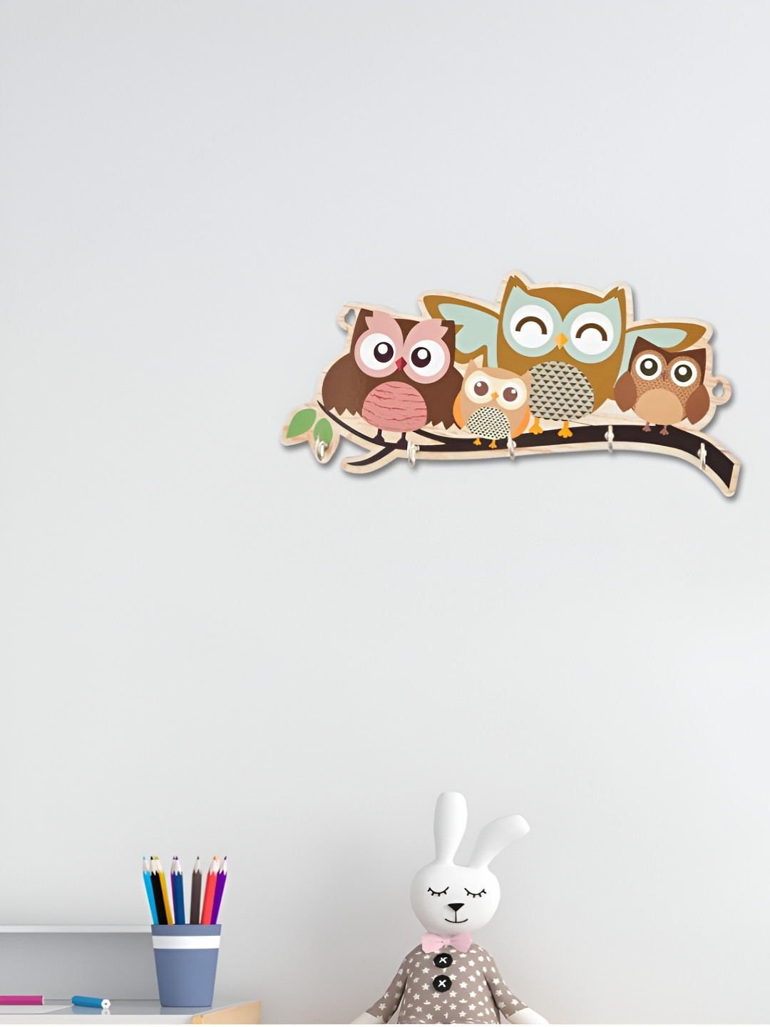 eCraftIndia Brown Owl Family 5 Hooks Key Holder