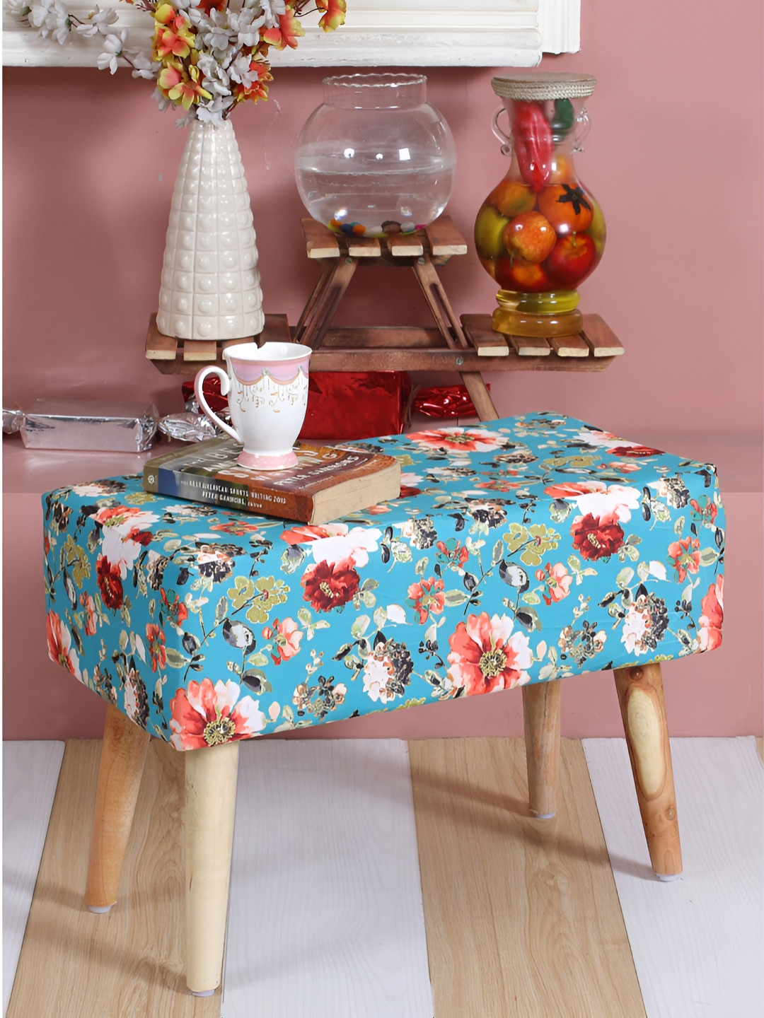 Shadowkart Blue & Red Floral Printed Wooden Rectangle Shaped Ottomans