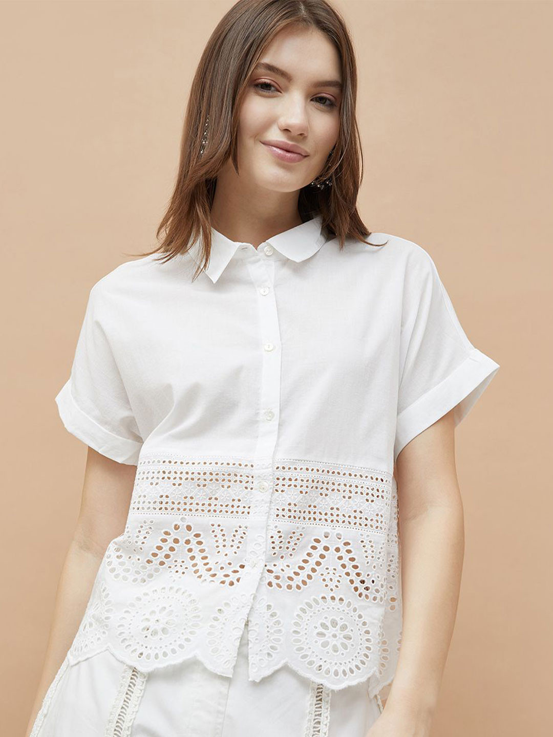 Colour Me by Melange Women Schiffli Short Sleeve Shirt With Scallop Hem