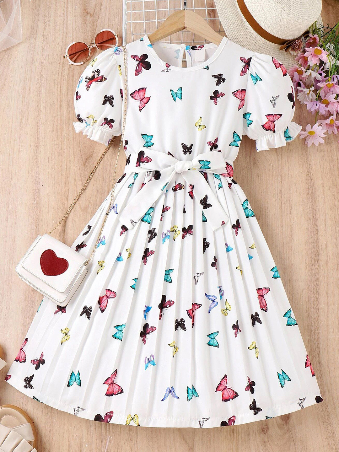 BAESD Girl's Conversational Printed Puff Sleeve A-Line Knee Length Dress Comes With a Belt