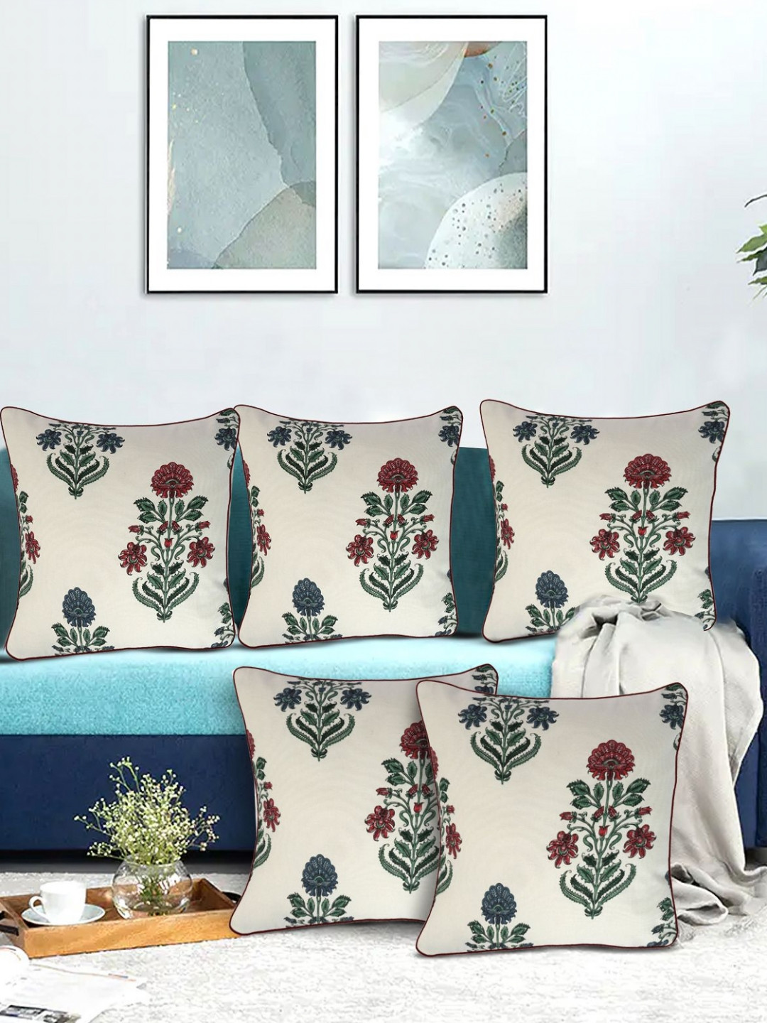 KANUSHI INDUSTRIES Floral Duck Cotton Lightweight 5 Pcs Square Cushion Covers -16x16In