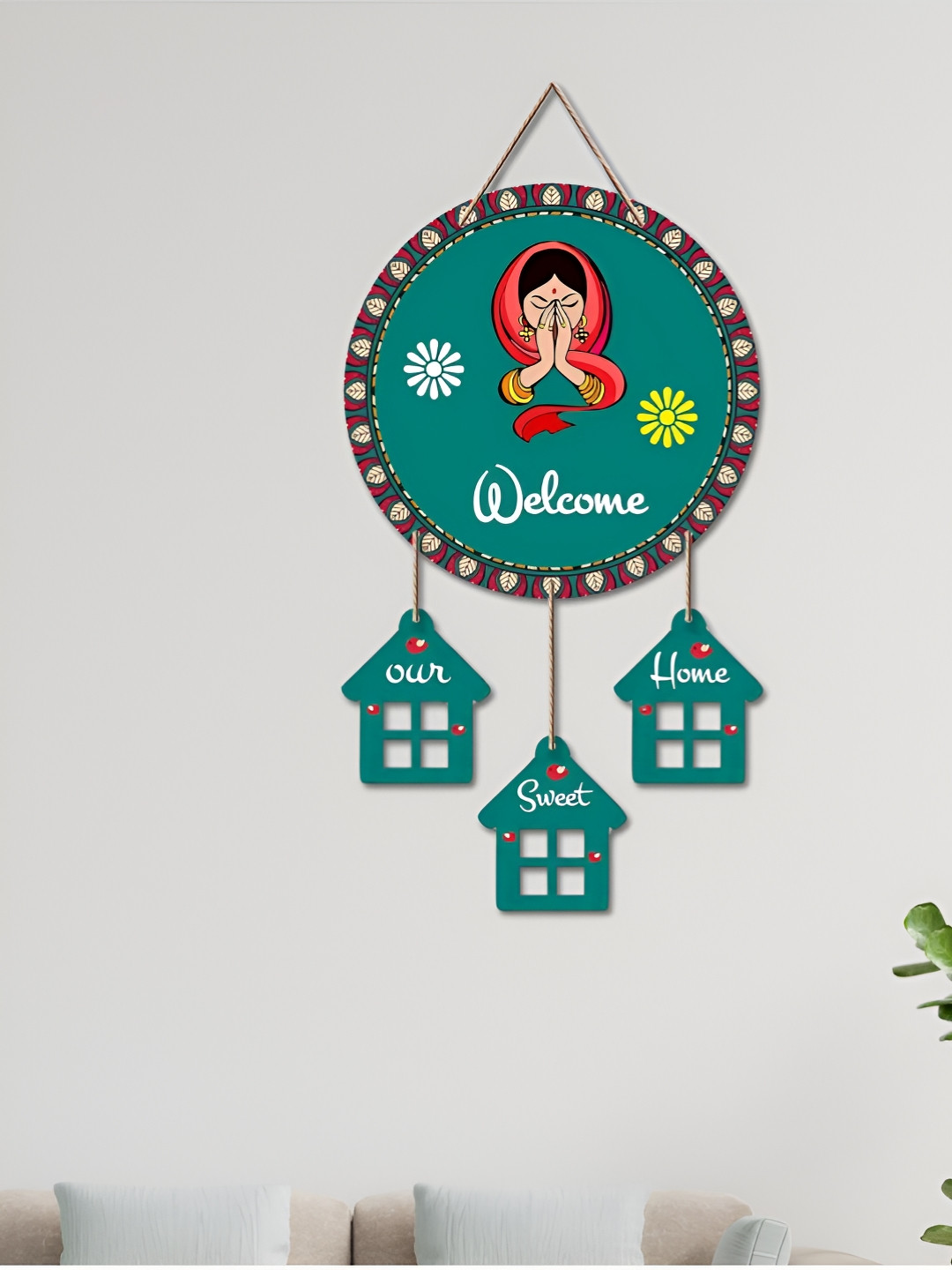 eCraftIndia Teal-Green & Red Namaste Lady Welcome Our Sweet Home Wooden Wall Hanging