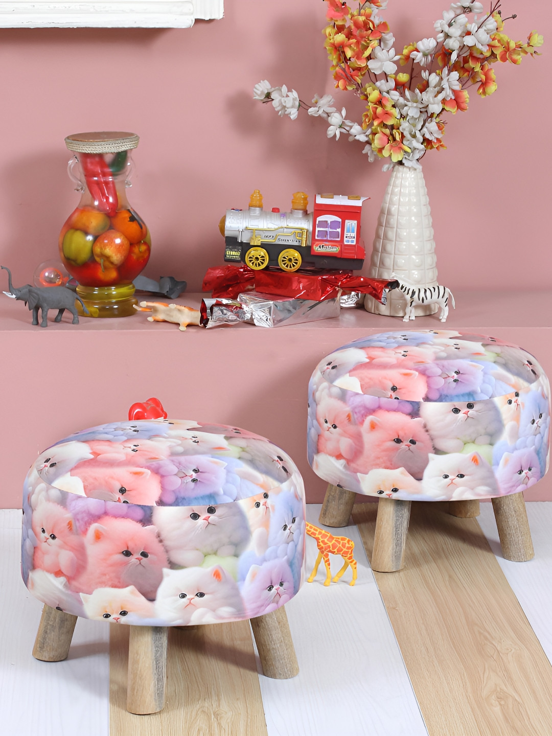 Shadowkart Kids Blue & Pink 2 Pieces Printed Wooden Mudda Pouffe Ottoman